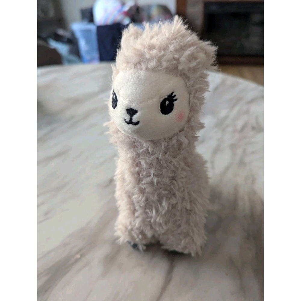 H&M Home Llama Alpaca Beige Gray Fluffy Curly Fur Eyelashes Stuffed Plush 7" Toy